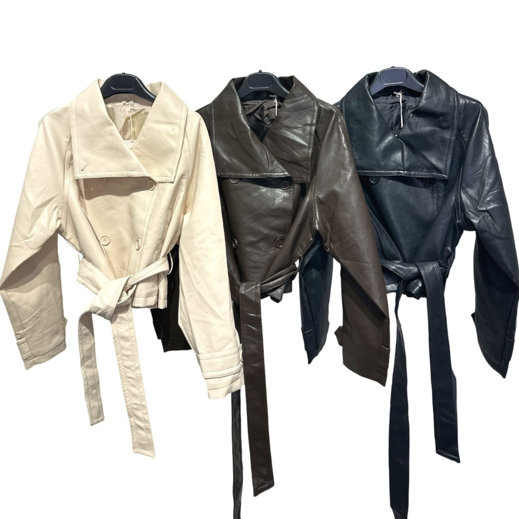 Italian Faux Leather Cropped Trench Jacket