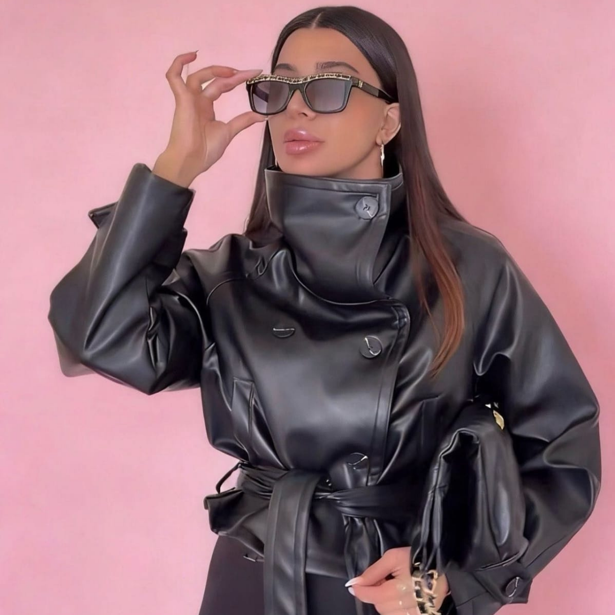 Italian Faux Leather Cropped Trench Jacket