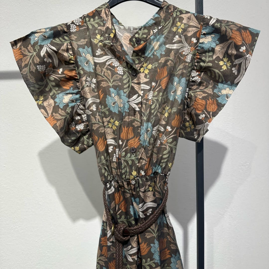 Italian Floral Frill Sleeve Belted Midi Dress
