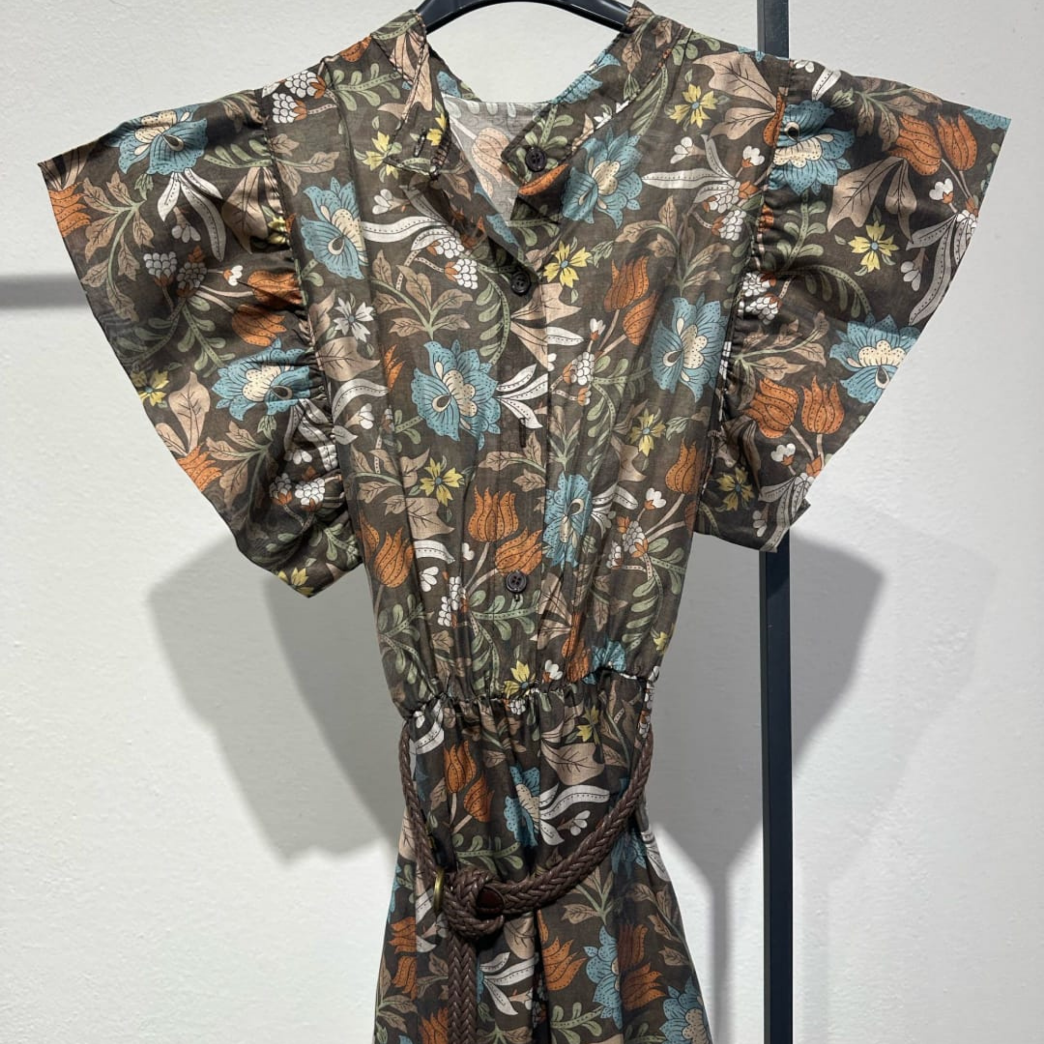 Italian Floral Frill Sleeve Belted Midi Dress