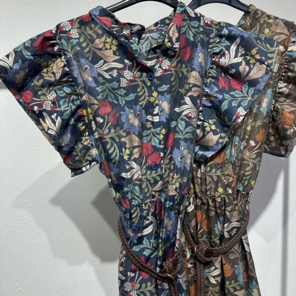 Italian Floral Frill Sleeve Belted Midi Dress