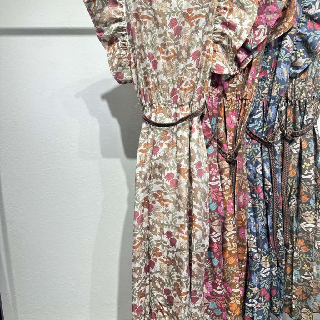 Italian Floral Frill Sleeve Belted Midi Dress