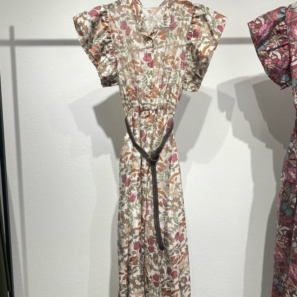 Italian Floral Frill Sleeve Belted Midi Dress