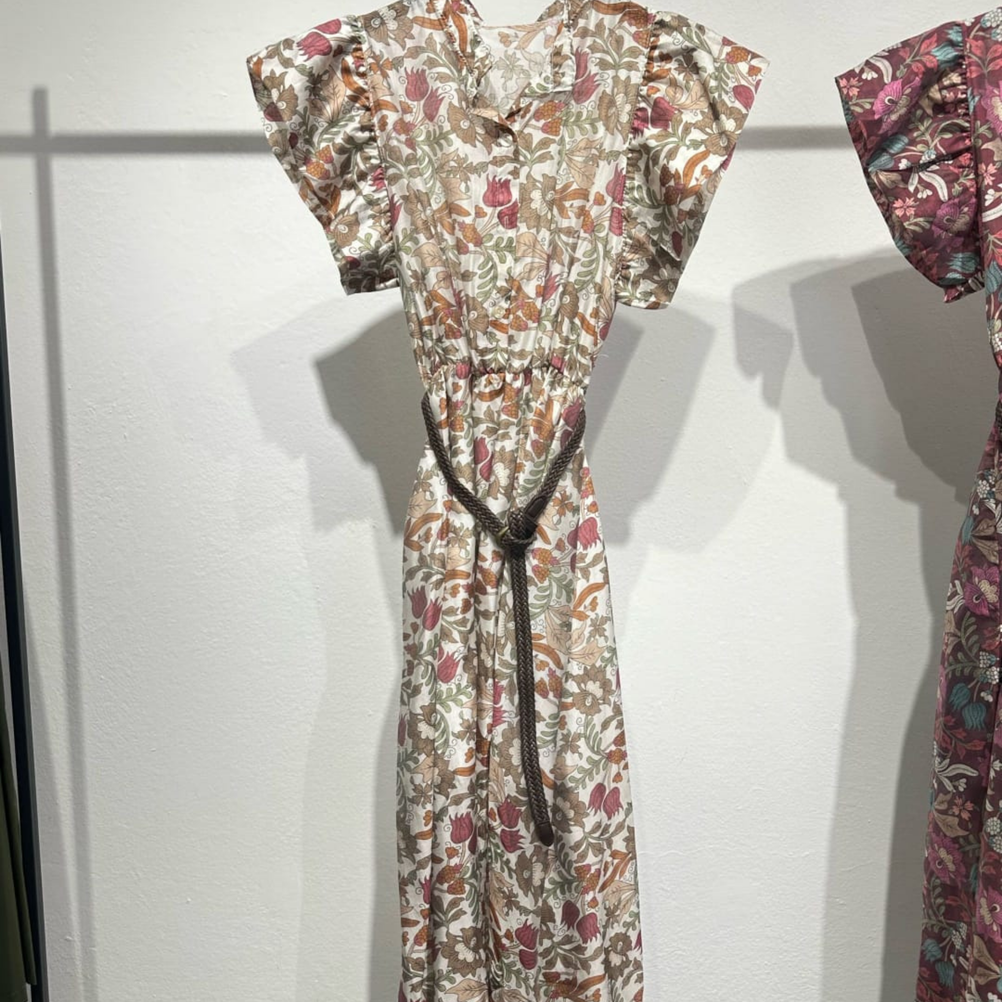 Italian Floral Frill Sleeve Belted Midi Dress