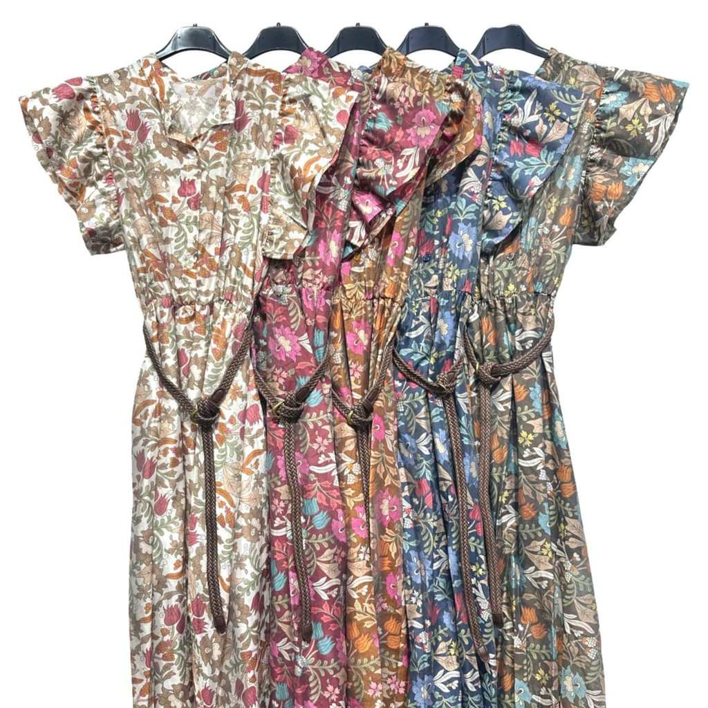 Italian Floral Frill Sleeve Belted Midi Dress