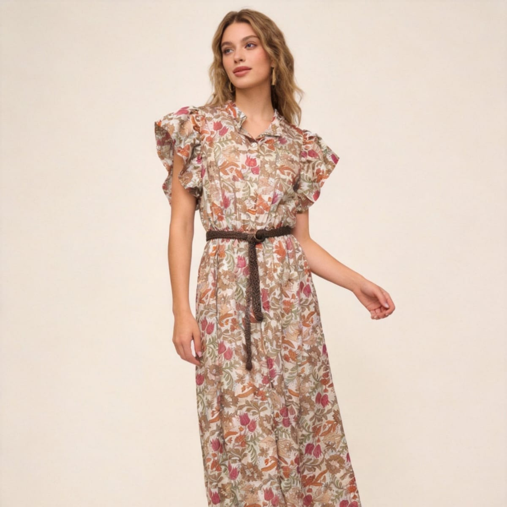 Italian Floral Frill Sleeve Belted Midi Dress