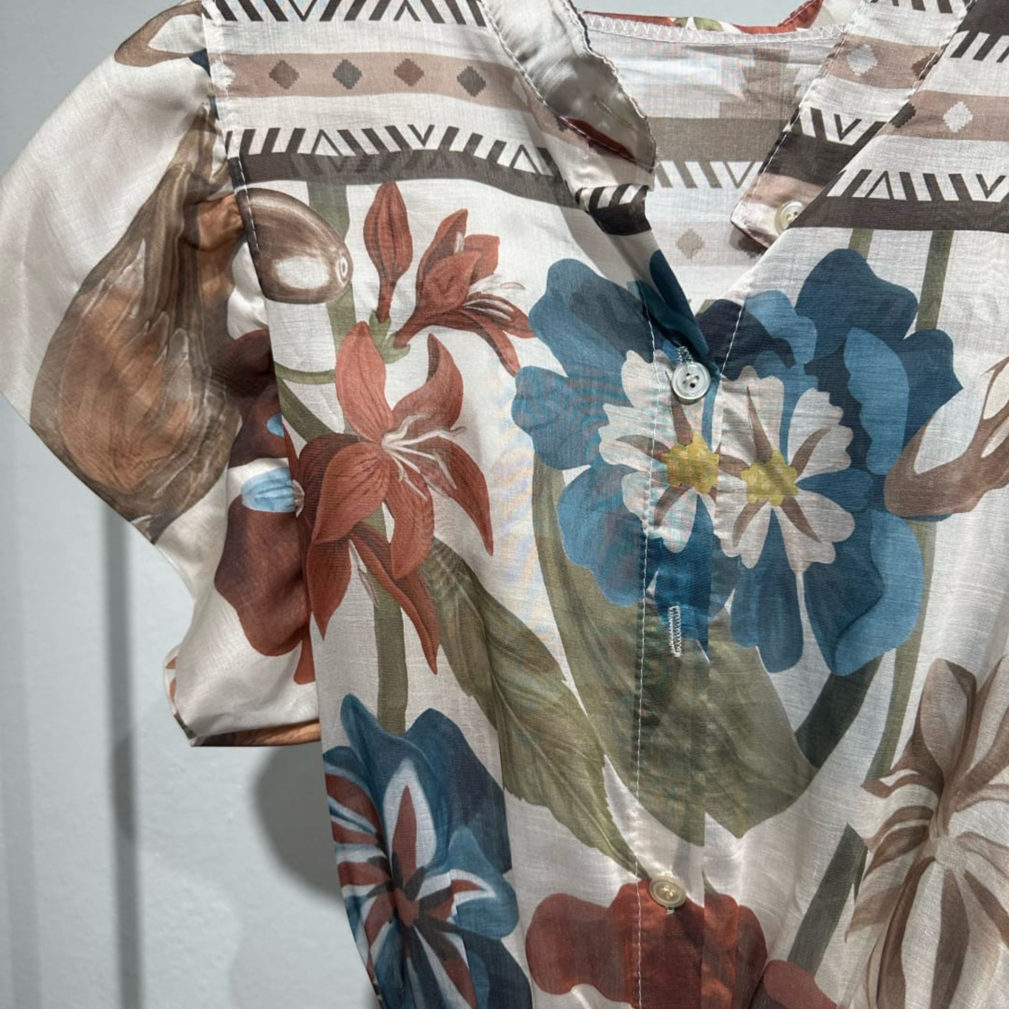 Italian Tropical Floral Frill Sleeve Belted Midi Dress