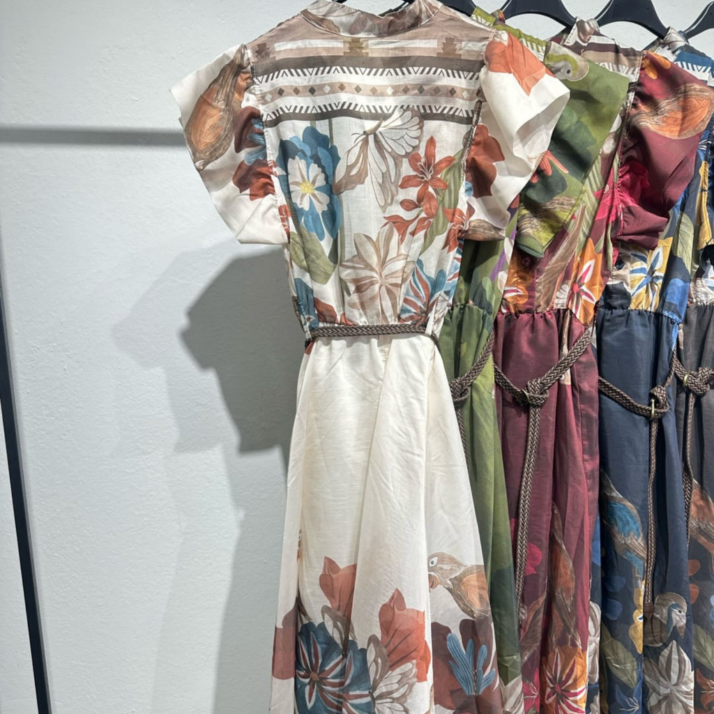 Italian Tropical Floral Frill Sleeve Belted Midi Dress