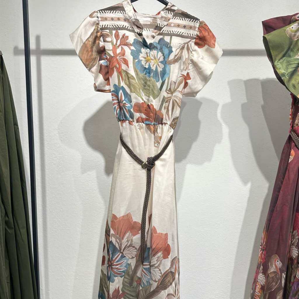 Italian Tropical Floral Frill Sleeve Belted Midi Dress