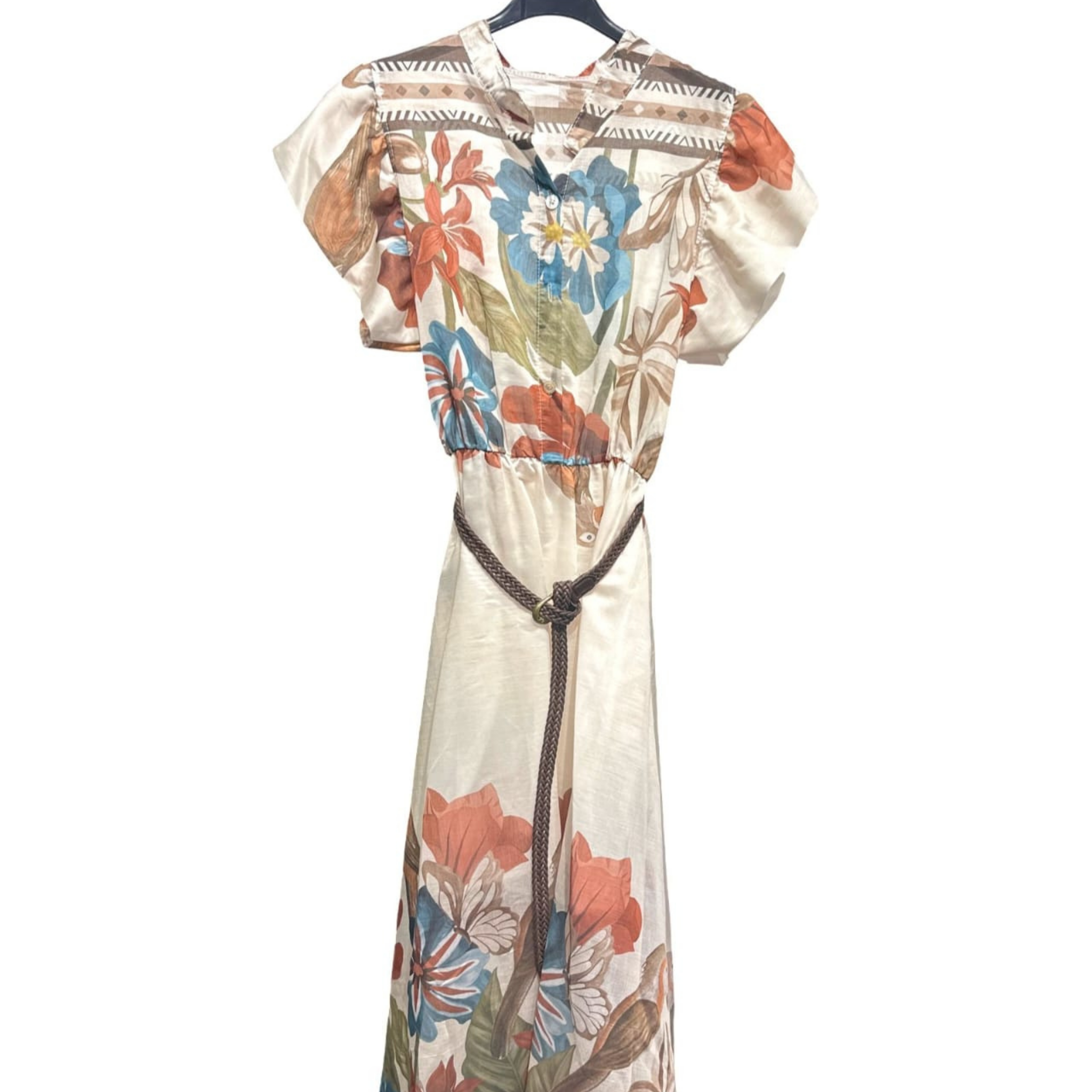 Italian Tropical Floral Frill Sleeve Belted Midi Dress