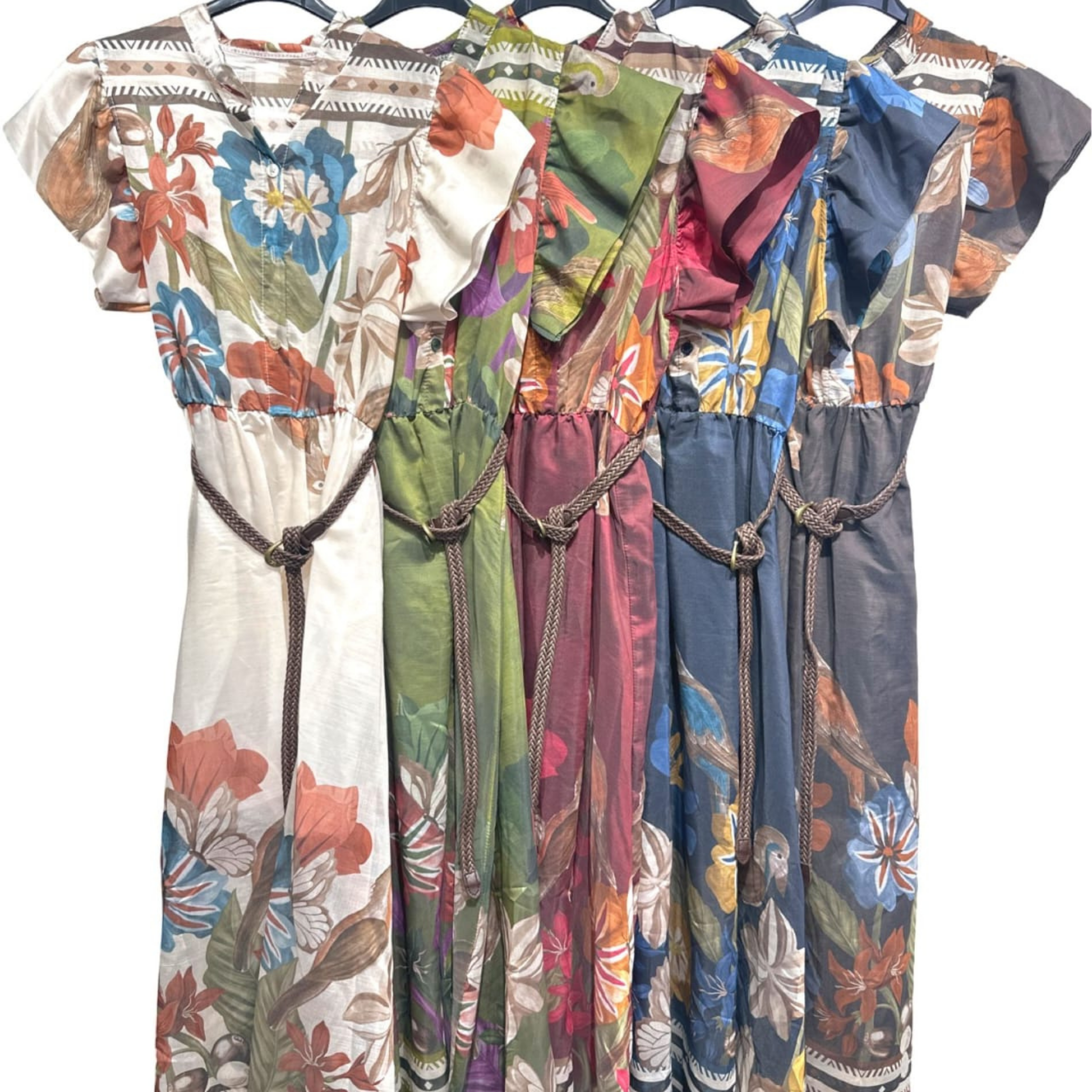 Italian Tropical Floral Frill Sleeve Belted Midi Dress