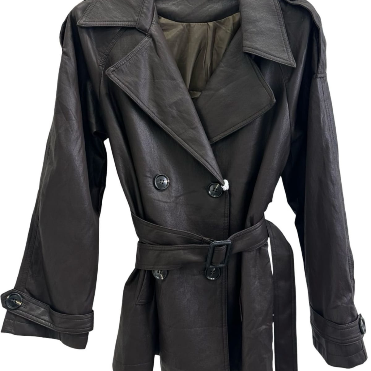 Italian Belted Faux Leather Trench Jacket