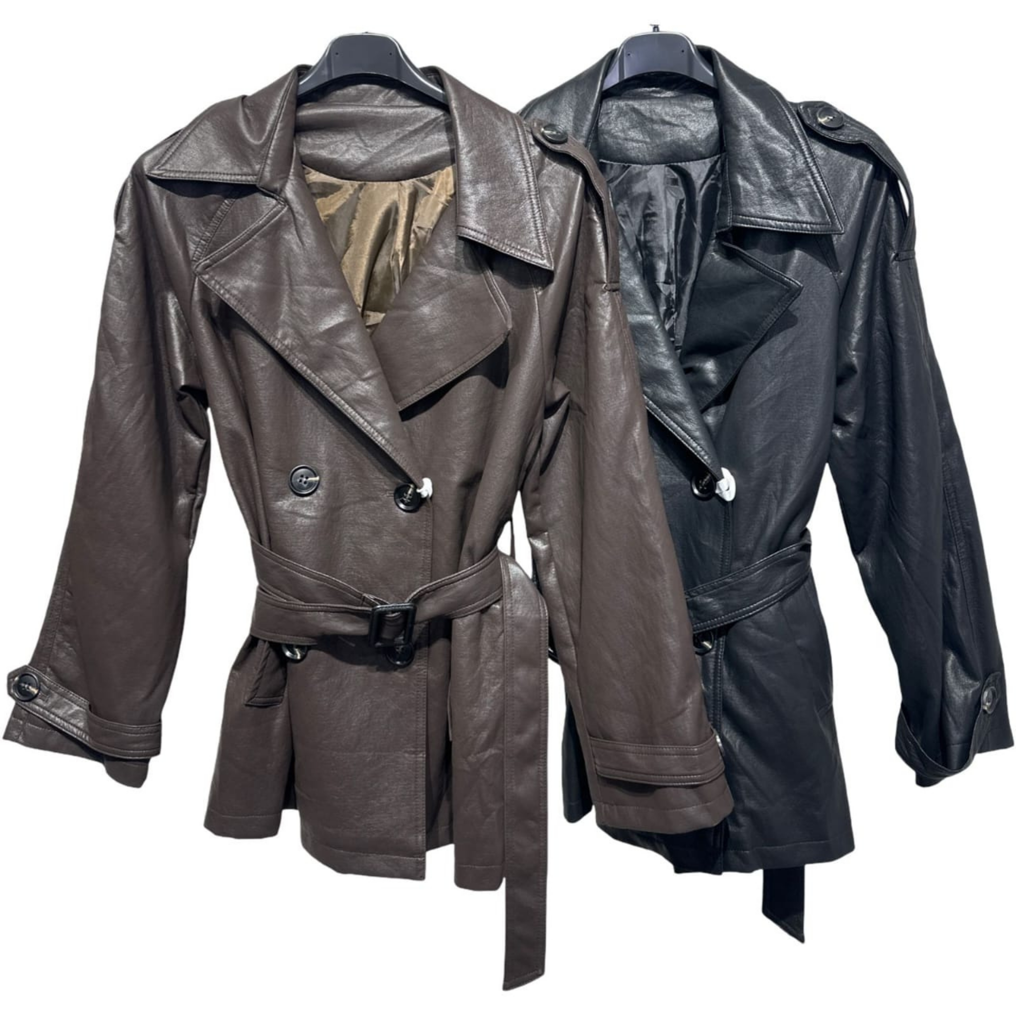 Italian Belted Faux Leather Trench Jacket