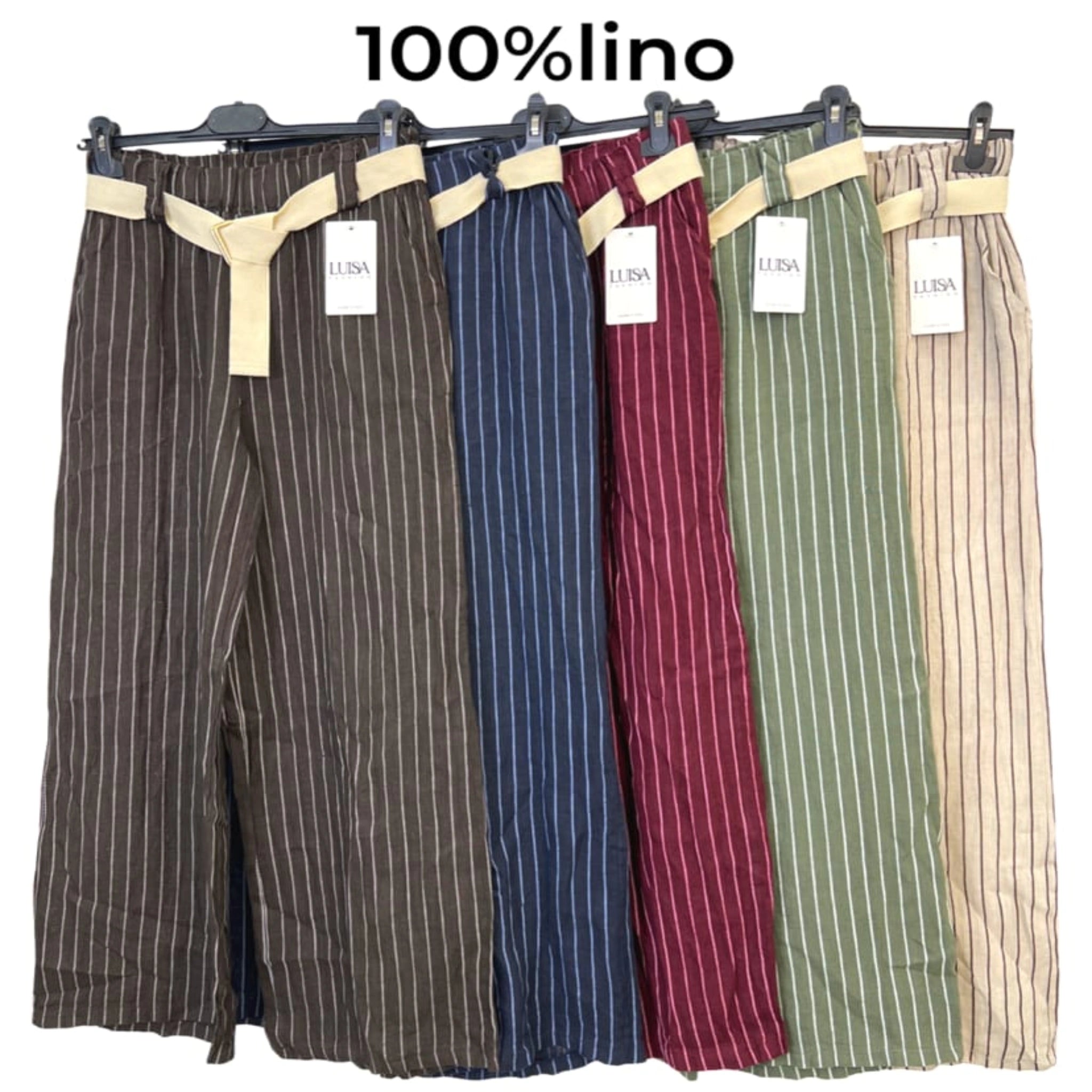 100% Linen Striped Belted Pants