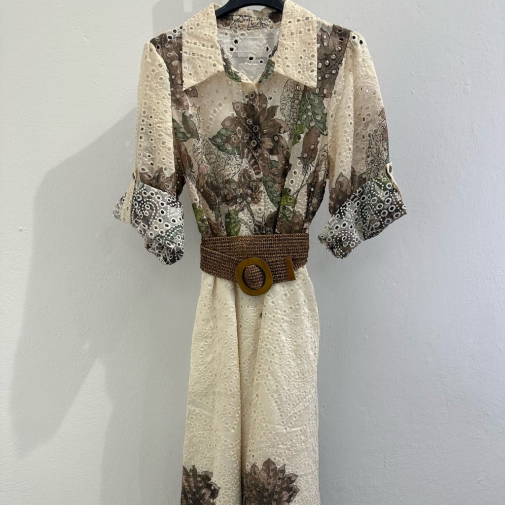 Italian Floral Broderie Shirt Dress with Woven Belt
