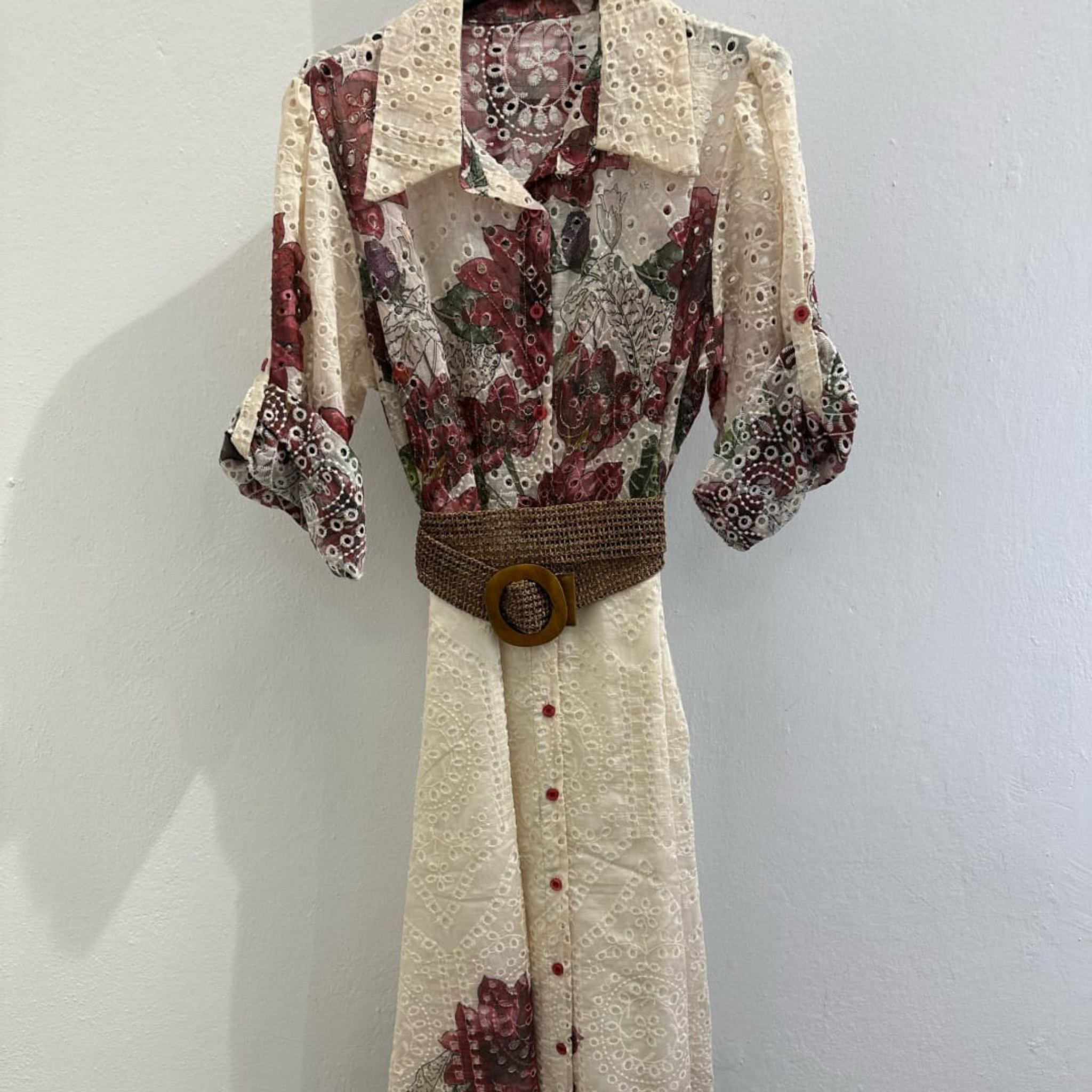 Italian Floral Broderie Shirt Dress with Woven Belt