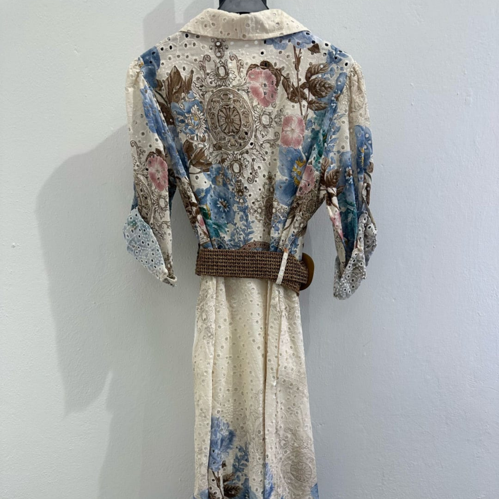 Italian Floral Broderie Shirt Dress with Woven Belt