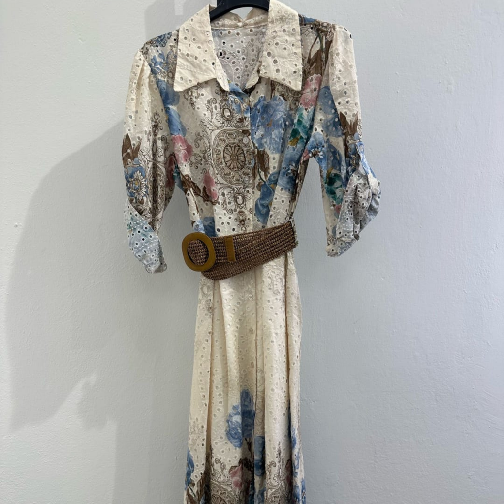 Italian Floral Broderie Shirt Dress with Woven Belt