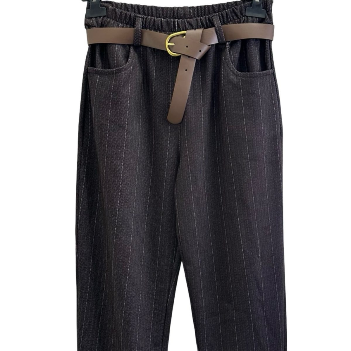 Italian Pinstripe Belted Tapered Trousers