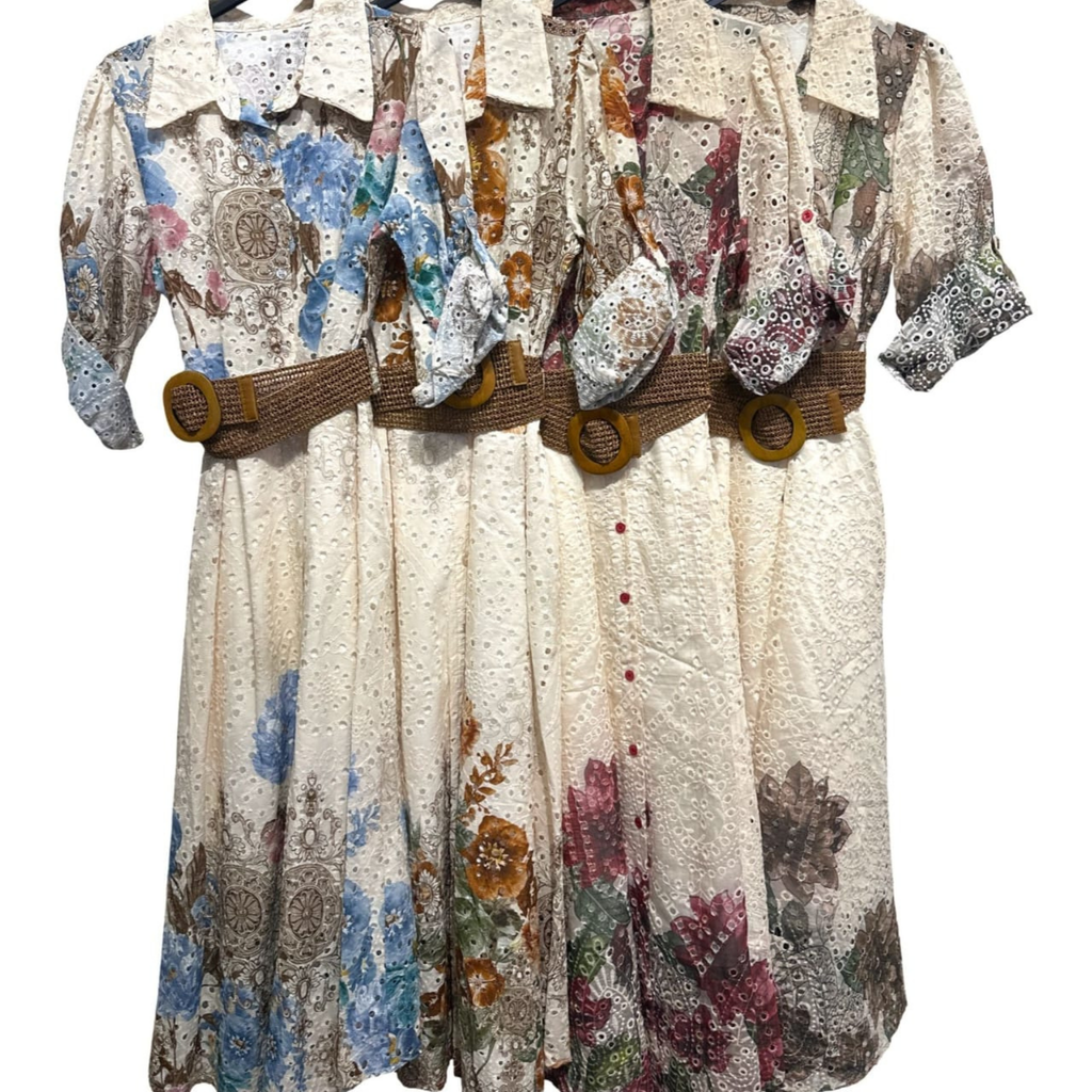 Italian Floral Broderie Shirt Dress with Woven Belt