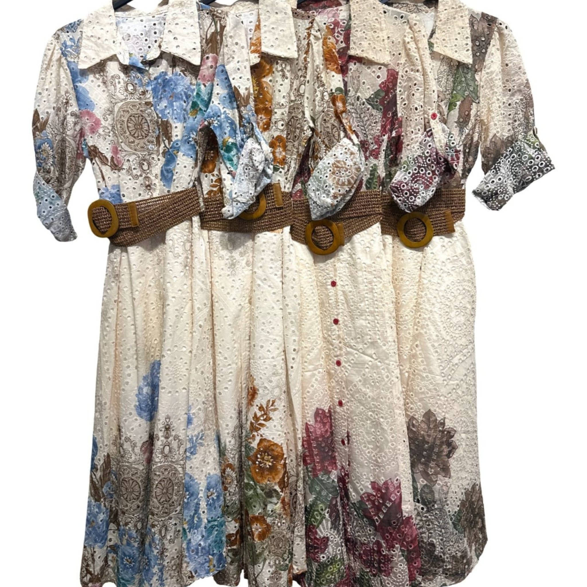 Italian Floral Broderie Shirt Dress with Woven Belt