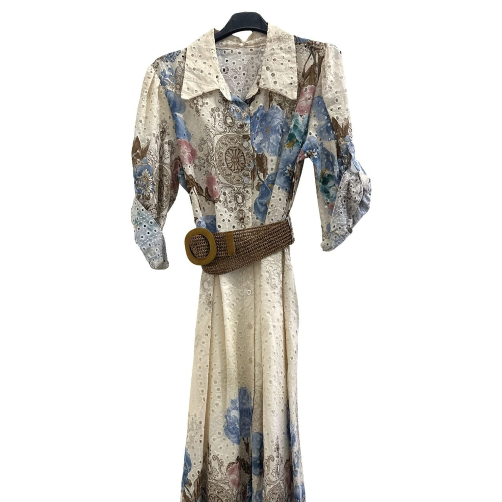 Italian Floral Broderie Shirt Dress with Woven Belt