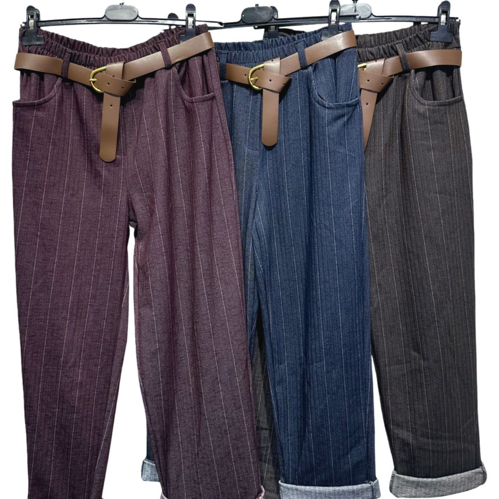 Italian Pinstripe Belted Tapered Trousers