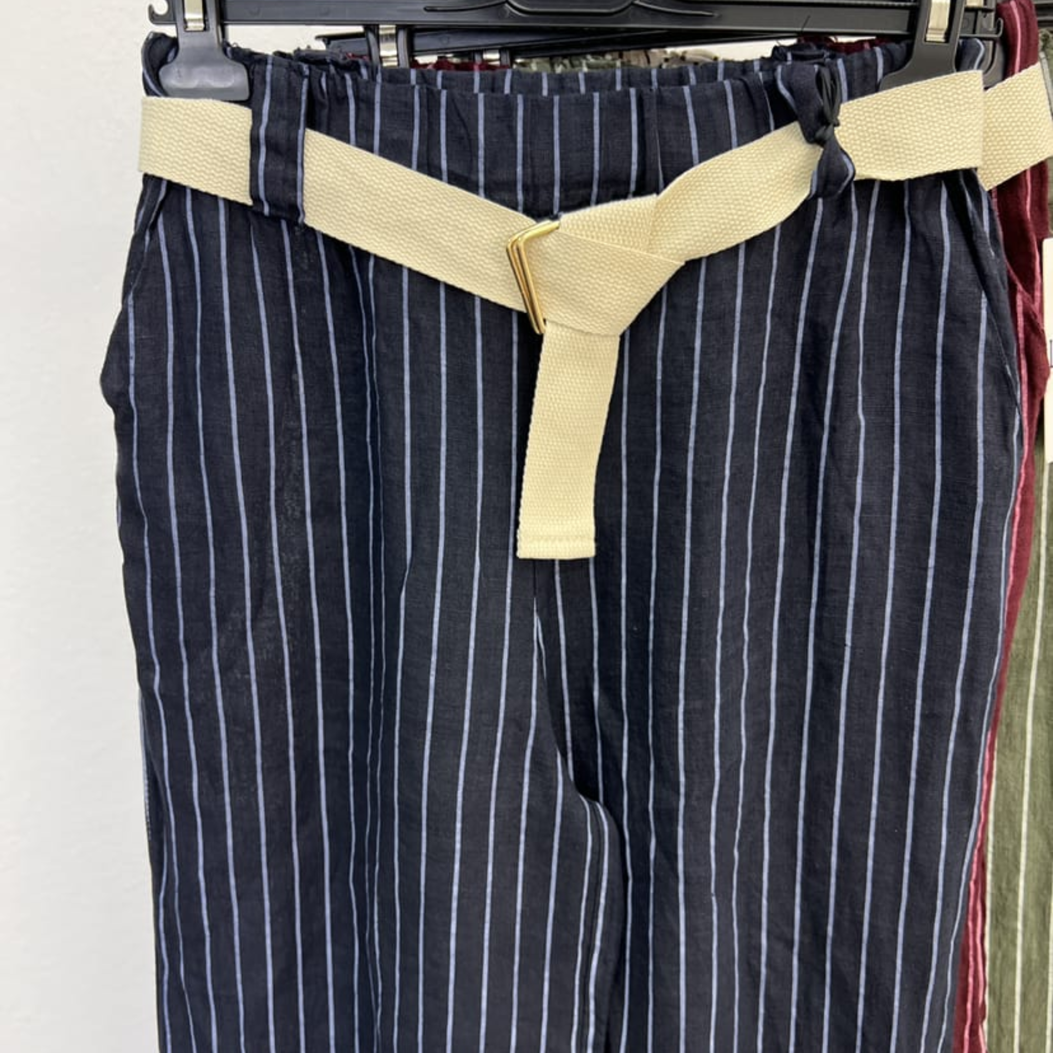 100% Linen Striped Belted Pants