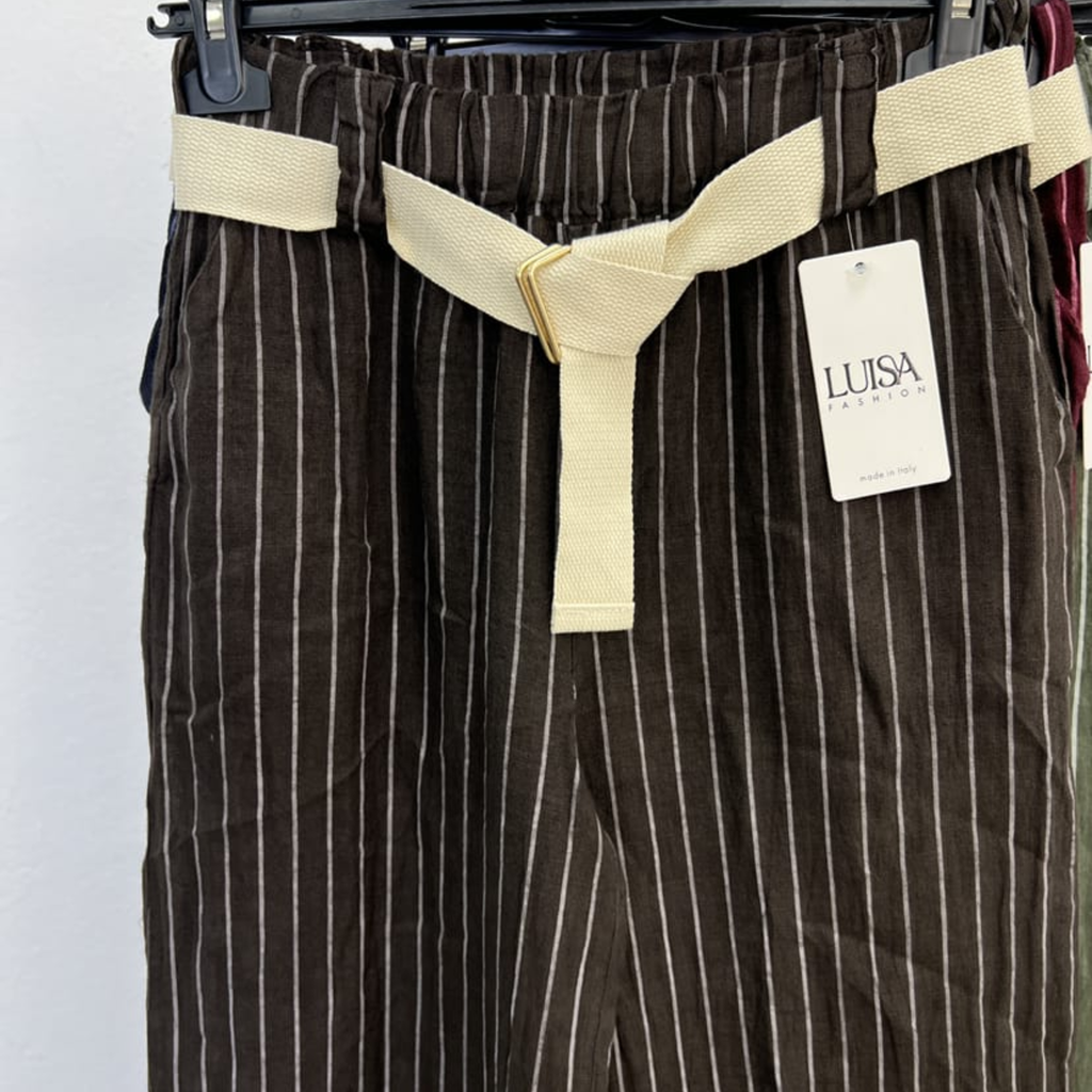 100% Linen Striped Belted Pants