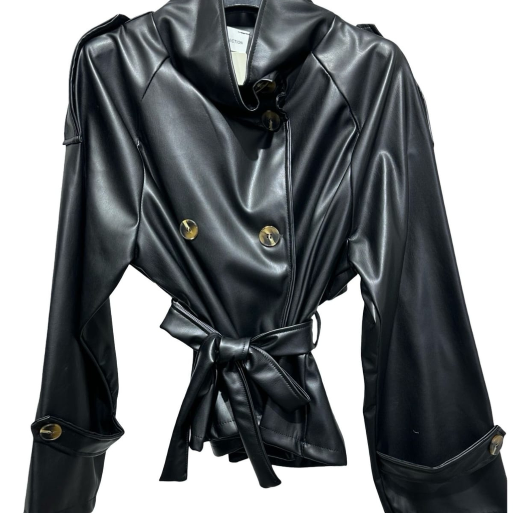 Faux Leather Belted Trench Jacket