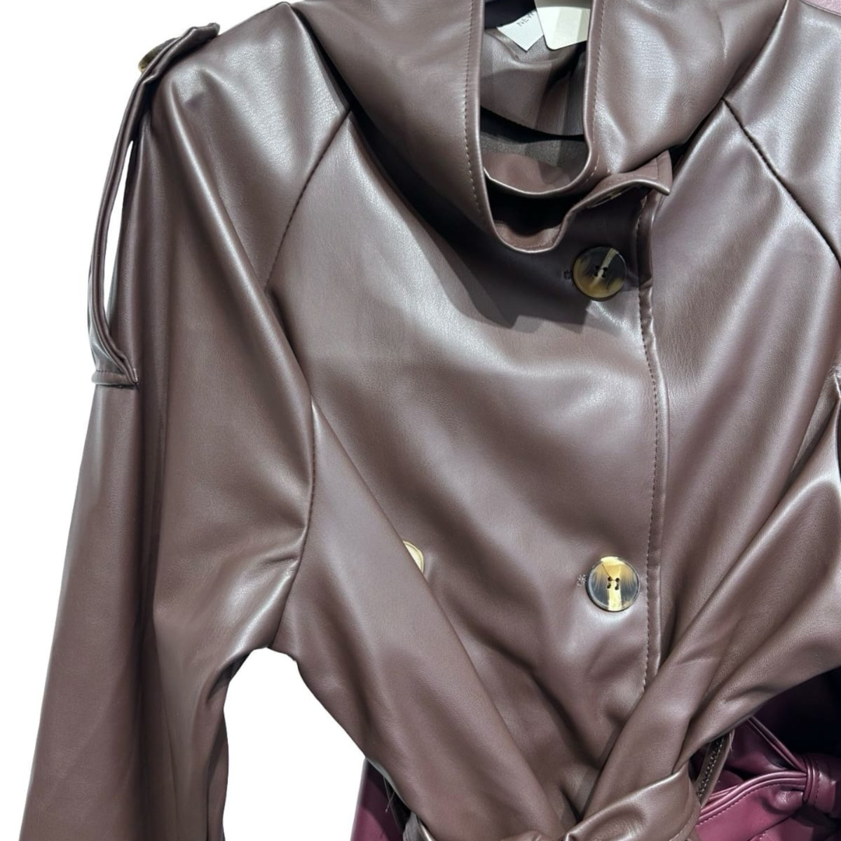 Faux Leather Belted Trench Jacket