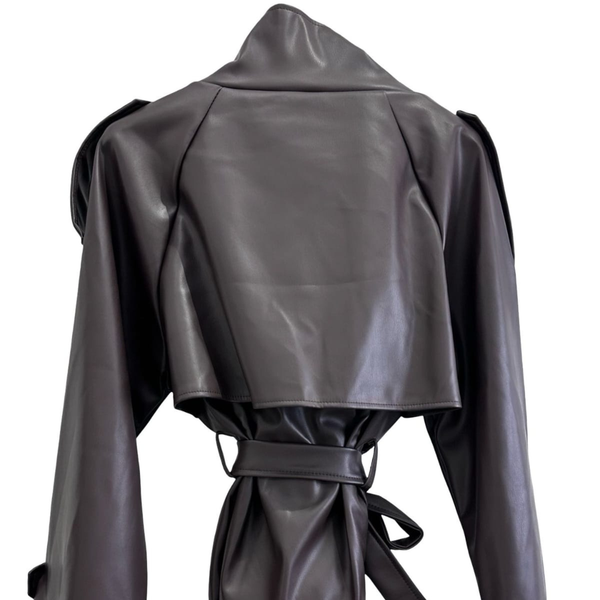 Faux Leather Belted Trench Jacket