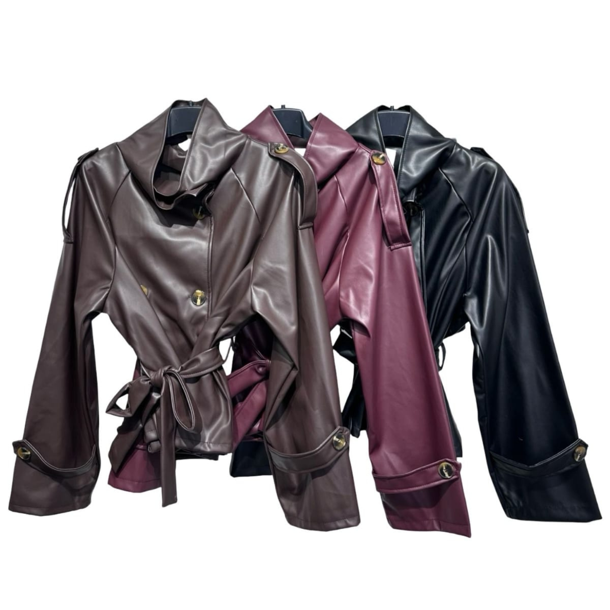 Faux Leather Belted Trench Jacket
