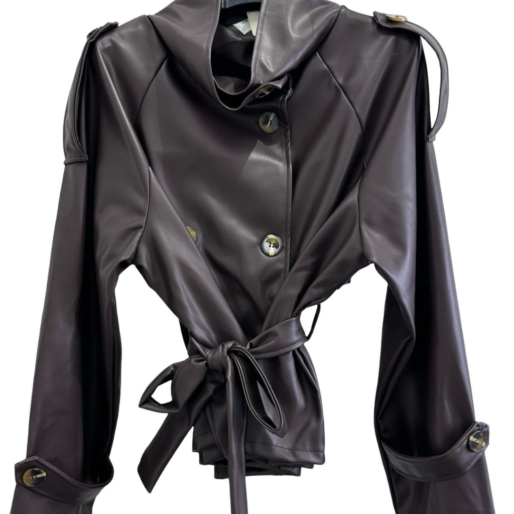 Faux Leather Belted Trench Jacket
