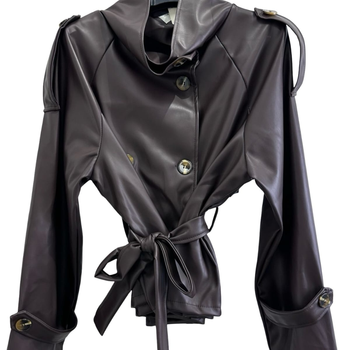 Faux Leather Belted Trench Jacket